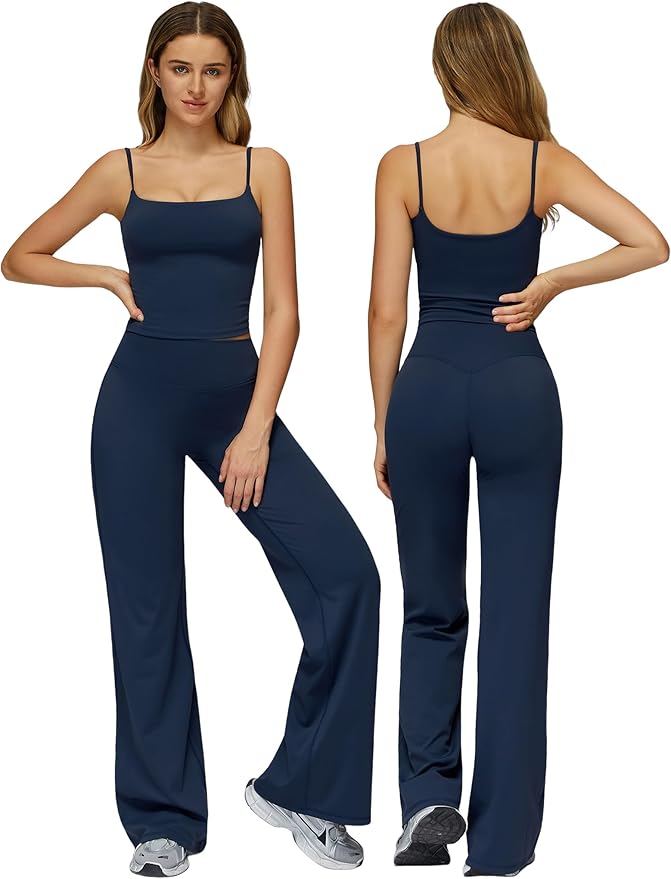 Womens Workout Sets Two Piece Spaghetti Straps Crop Top Matching Straight Leg Pants Gym Work Pilates Outfits