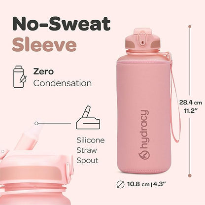 Hydracy Water Bottle with Time Marker -Large BPA Free Water Bottle & No Sweat Sleeve -Leak Proof Gym Bottle with Fruit Infuser Strainer & Times to Drink -Ideal for Fitness Sports & Outdoors