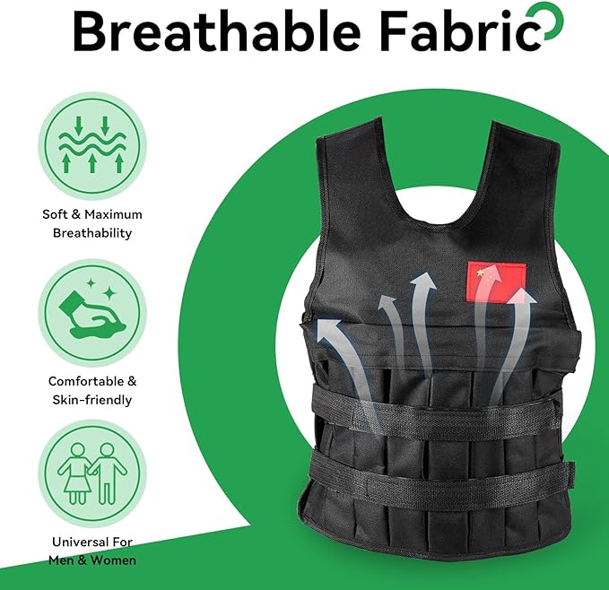 20KG Weighted Vest with 4Pcs Sand Bags（without weight）, Adjustable Training Waistcoat for Workout, Strength Training, Running, Fitness, Muscle Building