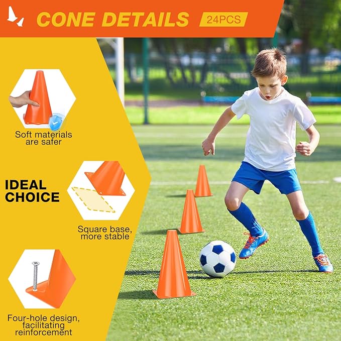 24pcs Cones 9 Inch Soccer Cones and Plastic Traffic Cones, Durable Cones for Sports Training, Ideal for Soccer, Basketball, Football, Skating, and Agility Drills Practice