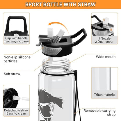 Fustylead Black and White Hipster Collie Dog Wear Glasses 32oz BPA Free Water Bottles, Leakproof Tritan Sport Water Bottle with Straw for Gym Fitness Running