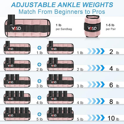 VBSD Adjustable Ankle Weights for Men Women, 2 4 6 8 10 lbs 1 Pair Leg Weight Straps, Weighted Ankle Weight Set with Removable Sandbags for Walking Running Yoga Physical Therapy Gym Home Workout