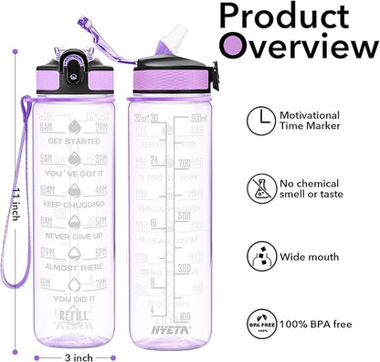 Hyeta 32 oz Water Bottles with Times to Drink and Straw, Motivational Water Bottle with Time Marker, Leakproof, Drinking Sports Water Bottle for Fitness, Gym and Outdoor