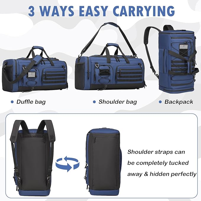 Gym Bag for Men and Women, 50L Extra Large Duffle Bag, 3-in-1 Travel Sports Duffel Bags with Shoe & Laptop Compartment for Overnight Weekender Gym Traveling Workout Deployment, Black+ Blue