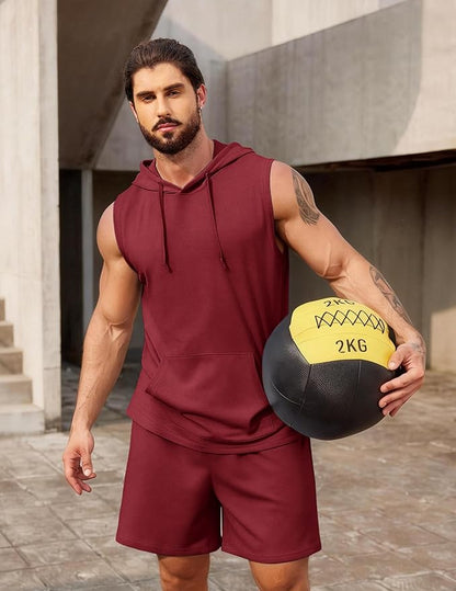 COOFANDY Mens Sleeveless Workout Hoodie Shorts Set 2 Piece Outfits Hooded Tank Tops Gym Tracksuit Sweatsuits