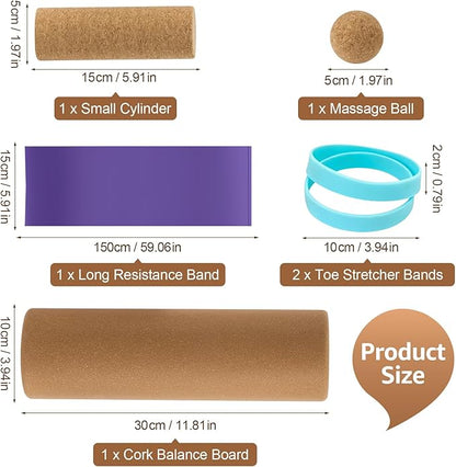 Natural Cork 5 in 1 Balance Board Kit, Foot & Ankle Strengthener with Massage Roller, Ball, Toe & Yoga Resistance Bands, Balance Trainer for Stability, Foot Strength, Pain Relief & Home Fitness