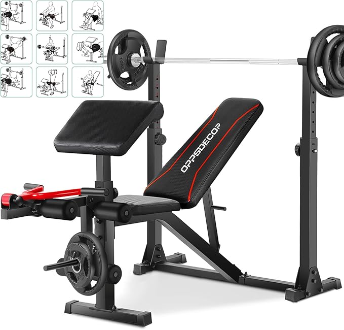 OPPSDECOR Professional Weight Bench Set with Barbell/Squat Rack, 900LBS Heavy Duty Bench Press Set with Leg Curl/Extension and Preacher Curl, Adjustable Full-Body Workout Bench for Home Gym Fitness (Vermilion)