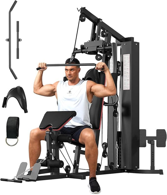 Garvee Home Gym Equipment Machine, Full Body Workout Machine with 150 LBS Weight Stack, Multifunctional All in One Exercise Station with Preacher Curl Pad, Leg Developer for Strength Training