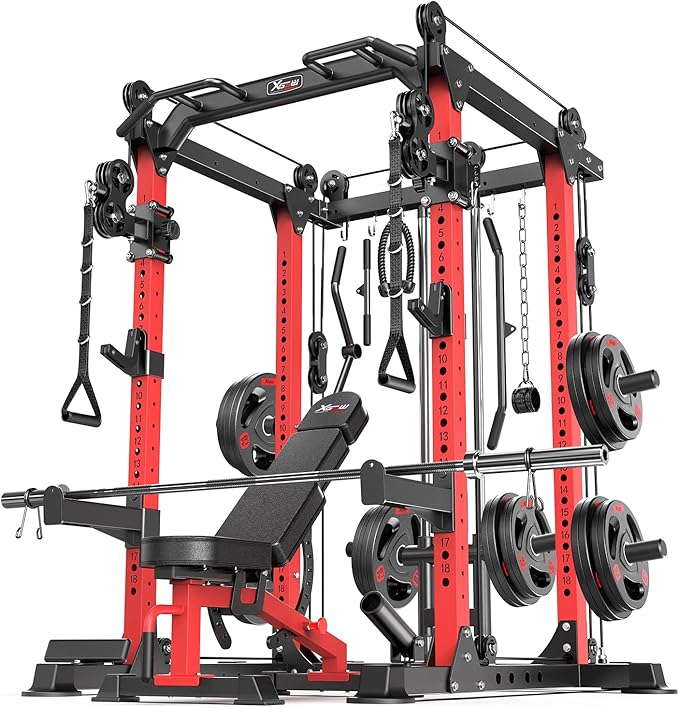 Multi-Purpose Squat Rack,Smith Machine Weight Rack Set with Cable Crossover System, Home Gym Power Racks, Power Racks and Packages