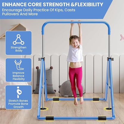 Amrta Foldable Gymnastics Bar with Rings, Adjustable Collapsible Horizontal Training Equipment Set for Indoor Outdoor Home Use Gym Gift in Pink Purple Blue