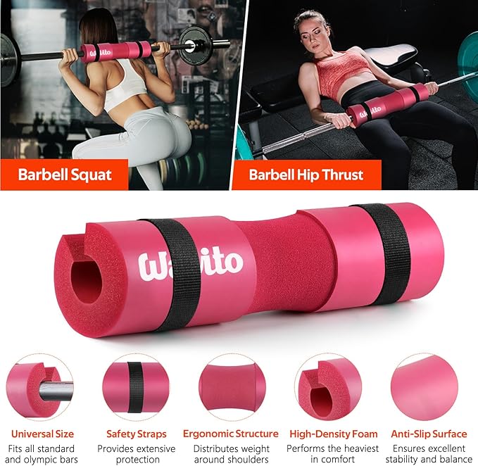 WALITO Barbell Squat Pad Set for Women, 10 Pcs Hip Thrust Gym Equipment with Exercise Handles, Wrist Wraps, Lifting Straps, Booty Band & Jump Rope, Portable Cable Machine Attachments