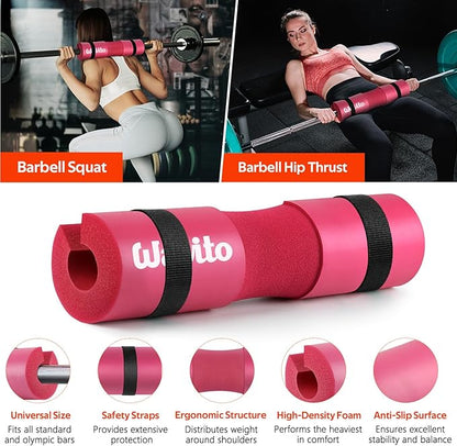 WALITO Barbell Squat Pad Set for Women, 10 Pcs Hip Thrust Gym Equipment with Exercise Handles, Wrist Wraps, Lifting Straps, Booty Band & Jump Rope, Portable Cable Machine Attachments