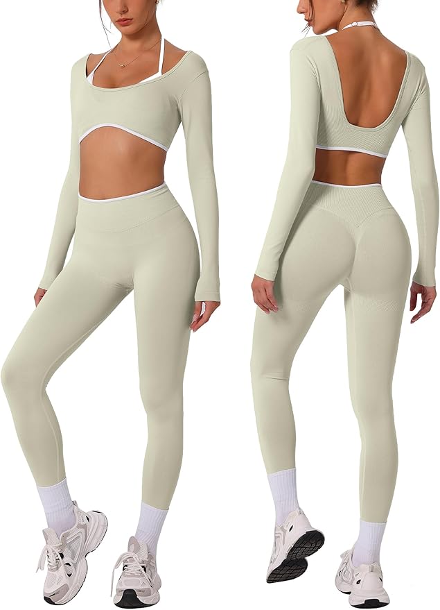 ABOCIW Workout Sets for Women Long Sleeve Crop Top Scrunch Butt Lifting High Waist Leggings 2 Piece Gym Yoga Outfits