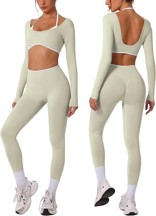 ABOCIW Workout Sets for Women Long Sleeve Crop Top Scrunch Butt Lifting High Waist Leggings 2 Piece Gym Yoga Outfits