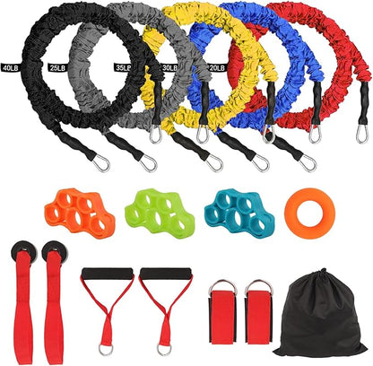 Resistance Bands Set with Protective Nylon Sleeves, 15-Pack Anti-Snap Exercise Bands (Up to 150 lbs), Heavy Duty Workout Bands with Handles, Door Anchor, Ankle Straps for Resistance Training