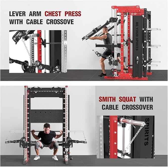 FAGUS Commercial Smithe Machine with Dual Weight Stacks, Power Cage Squat Rack with Lever Arm & Leg Press Attachment, Multi-Function Linear Bearing Cable Crossover Machine for Home Gym
