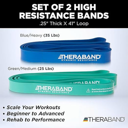 THERABAND High Resistance Bands, Set of 2 Elastic Super Bands for Improving Flexibility, Injury Rehab, & Full Body Workouts, Heavy Duty Stretch Bands for Lifting, 1 Medium & 1 Heavy Band, Multicolor