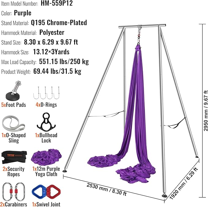 VEVOR Yoga Stand Frame, Max 441-551 lbs Load Swing Stand, Triangular Structure Aerial Rig, Aerial Silk Stands with Yoga Hammock, Standard & Height-Adjustable Version