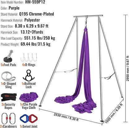 VEVOR Yoga Stand Frame, Max 441-551 lbs Load Swing Stand, Triangular Structure Aerial Rig, Aerial Silk Stands with Yoga Hammock, Standard & Height-Adjustable Version