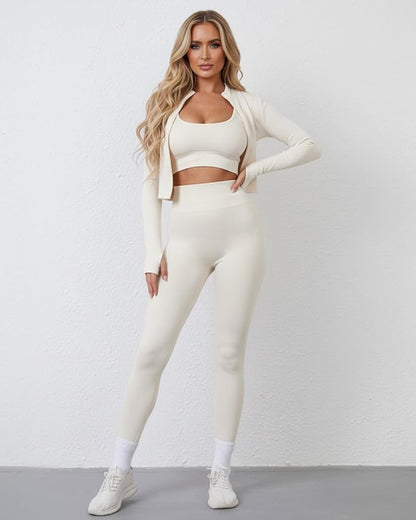 Women 3 Piece Seamless Workout Set Sports Bra High Waisted Gym Yoga Leggings Zip Up Jacket with Thumbhole Activewear