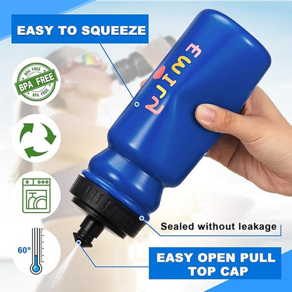 Suclain 14 Pcs Water Bottle Carrier with 20 Oz Bottles and Stickers Plastic Wide Mouth Sports Water Bottle Squeeze Team Bottles with Black Lid for Fitness Bike Gym (Dark Blue)