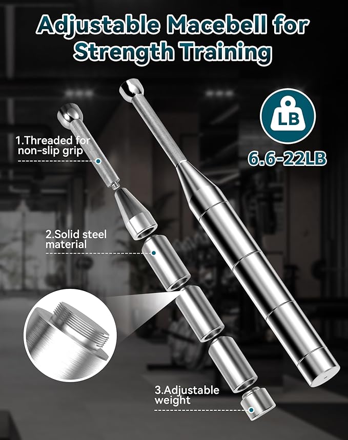 Adjustable Macebell, 6/8/13-in-1 Indian Club Weighted for Strength Training, Shoulder & Grip Workouts, Progressive Weight System