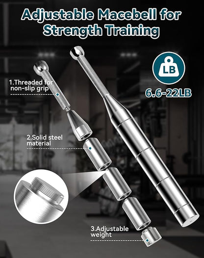 Adjustable Macebell, 6/8/13-in-1 Indian Club Weighted for Strength Training, Shoulder & Grip Workouts, Progressive Weight System