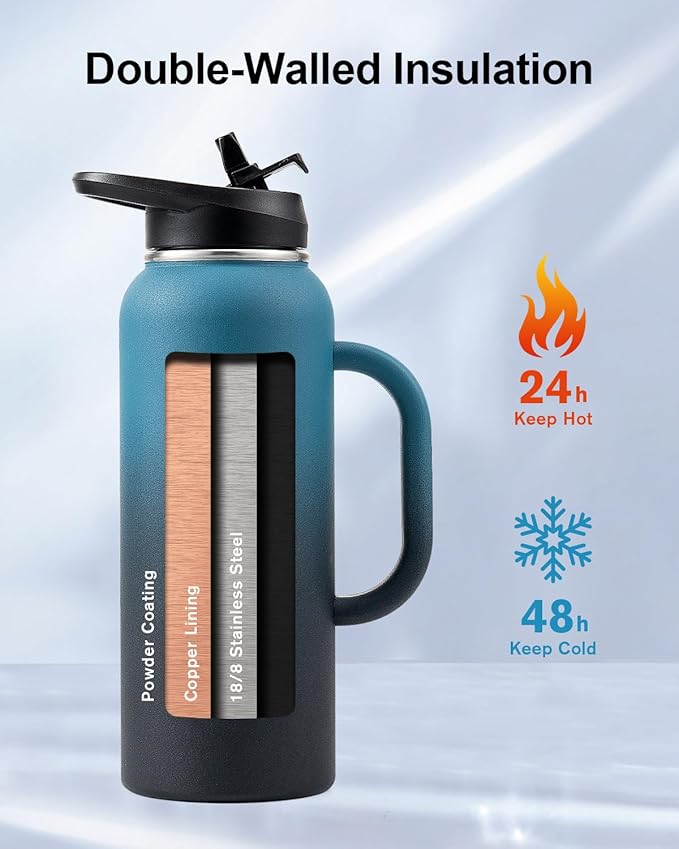 Trebo 40oz Water Bottle Insulated with Handle, Stainless Steel Metal Large Jug,Travel Flask with Straw Spout Lid,Mug Tumbler Cup,Keep Cold Hot, Indigo Black