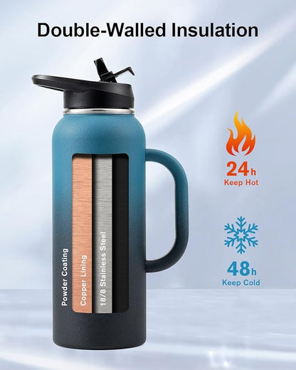 Trebo 40oz Water Bottle Insulated with Handle, Stainless Steel Metal Large Jug,Travel Flask with Straw Spout Lid,Mug Tumbler Cup,Keep Cold Hot, Indigo Black