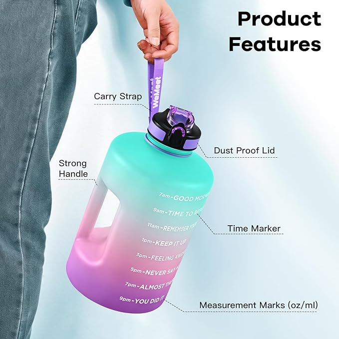Gallon Sport Water Jug with Time Marker and non-slip handle, Sports Motivational Water Bottle, Wide Mouth with Easy Clean Brush for Outdoor, Fitness, Gym