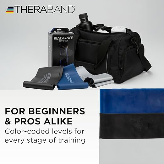 THERABAND Resistance Bands Set, Advanced Kit, Blue, Black, Silver, Latex Elastic Bands for Exercise & Physical Therapy, Strength Training Bands for Upper & Lower Body Fitness
