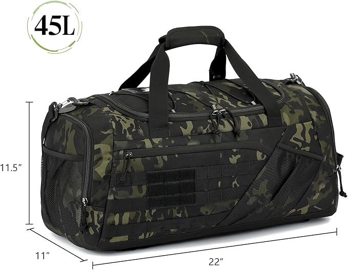 3-in-1 Tactical Gym & Travel Duffle Bag Backpack Men Multi-Functional 45L Military Sports Duffle Bag with Shoe Compartment & Wet Pocket for Workout Weekender Overnight Bag with Molle Webbing, Camo