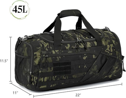 3-in-1 Tactical Gym & Travel Duffle Bag Backpack Men Multi-Functional 45L Military Sports Duffle Bag with Shoe Compartment & Wet Pocket for Workout Weekender Overnight Bag with Molle Webbing, Camo