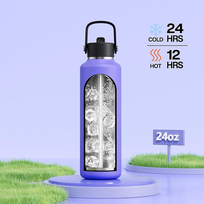 POWCAN 24 oz Travel Water Bottle: Standard Mouth, Leakproof, BPA-Free, Easy Hold Handle, Insulated Stainless Steel Thermos with Straw for School, Outdoors, Teens, Running, Sport, Trip (Violet's Tale)
