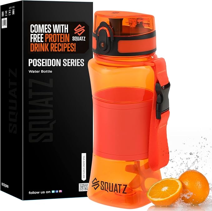 SQUATZ 24 Oz Poseidon Series Water Bottle for Protein and Fruit Shakes - Premium Quality Wide Mouth Gym Flask Fruit Infuser Strainer, Carrying Strap, Leak Resistance, No Condensation Sleeve,Orange