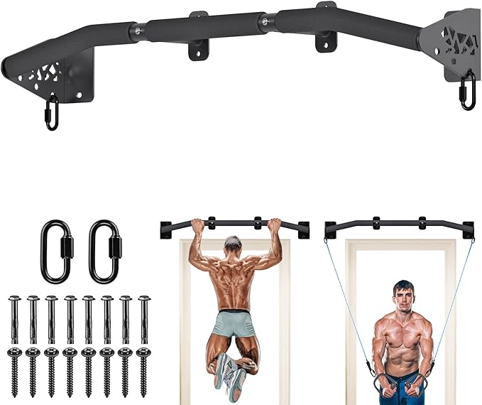 SELEWARE Heavy Duty Wall Mount Pull Up Bar, Joist Mount Chin Up Bar for Doorway, Sturdy Steel Construction, w/Resistance Band Hooks, Fits 32"/36" Wall Studs for Home Gym Strength Training