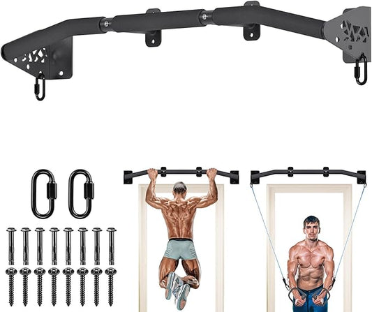 SELEWARE Heavy Duty Wall Mount Pull Up Bar, Joist Mount Chin Up Bar for Doorway, Sturdy Steel Construction, w/Resistance Band Hooks, Fits 32"/36" Wall Studs for Home Gym Strength Training