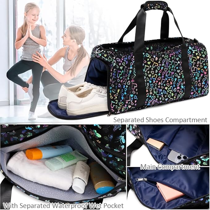 Duffle Bag for Girls Fluffy Dance Bag for Girls Ballet Bag Girls Sports Gym Bag Water Resistant Travel Duffle Bags with Shoes Compartment Wet Pocket