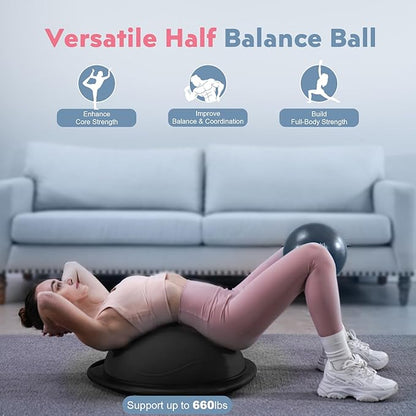 Half Balance Ball Trainer, Inflatable 19/23 Inch Half Exercise Ball with Resistance Bands and Pilates Ball, Non-Slip 660lbs Capacity Yoga Ball for Home Gym Full Body Workouts