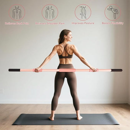 Pink Yoga Stick 58 Inch - Alloy Steel Stretching & Exercise Stick with Neck & Hand Pads, Shoulder Flexibility Tool for Yoga, Pilates & Home Gym Workouts