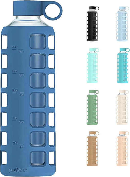 purifyou 40oz / 32oz / 22oz / 12oz Borosilicate Glass Water Bottle with Time & Volume Markers, Silicone Sleeve, Stainless Steel Lid | Reusable Glass Bottle for Water & Juice (40oz Chinese Porcelain)