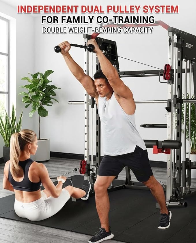 Smith Machine Home Gym All-in-1, 2200LBS Power Cage with Dual Cable Pulley Systems, LAT Pull-Down & Leg Hold-Down | Complete Strength Training Equipment for Full Body Workouts