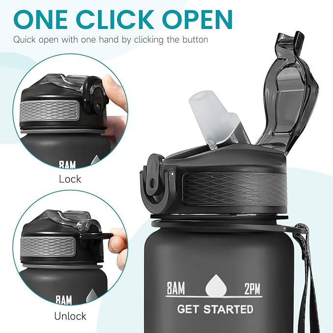 32 oz Motivational Water Bottle with Time Marker,Water Bottles with Times to Drink and Straw with Carrying Strap,Perfect For Fitness Gym Outdoor,BPA Free (Black)