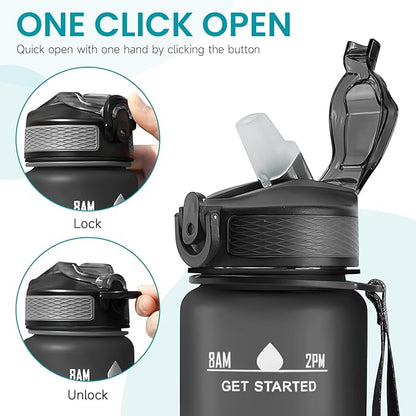 32 oz Motivational Water Bottle with Time Marker,Water Bottles with Times to Drink and Straw with Carrying Strap,Perfect For Fitness Gym Outdoor,BPA Free (Black)