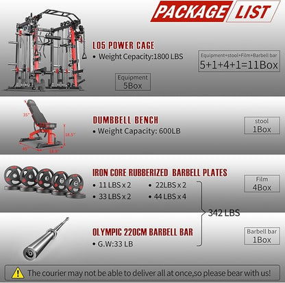 Smith Machine with Cable Crossover System, Multi-Function Squat Rack Power Cage for Home Gym, Power Rack and Packages Weight Sets
