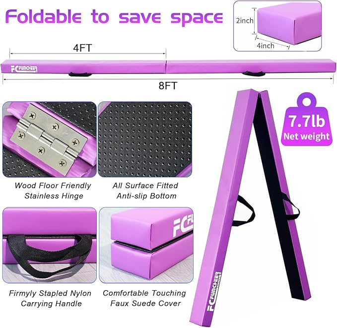 8FT Folding Balance Beam -Gymnastics Floor Beam -Gymnastics Equipment for Kids,Wood core- Anti-Slip Bottom and Carrying Bag for Home