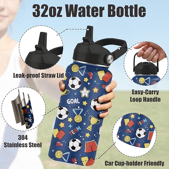 32oz Insulated Soccer Water Bottle for Kids & Adults - Stainless Steel, BPA-Free, Leak Proof Straw Lid - Sports Water Bottle for Gym, School, Travel - Ideal Soccer Gifts for Boys, Girls, Men