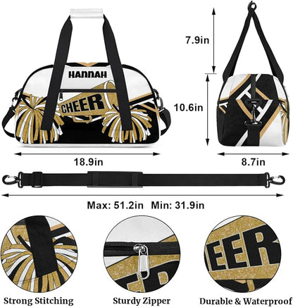 Personalized Cheerleading Dance Duffel, Custom Large Ballet Weekender Travel Cheerleaders Bag, Gold White Black