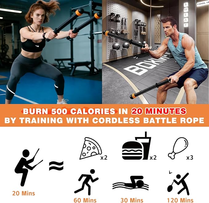 Ropeless Battle Ropes, Portable Cordless Battle Ropes with Sliding Weight Rings for Customizable Intensity, Home Training Kit with Storage Bag, Spring Stick for HIIT Strength & Muscle Training