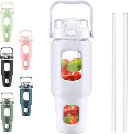 BLUEGO 40 oz Glass Water Bottles with Straw Time Marker, Glass Tumbler with Handle Top Lids, Easy to Clean, Fits in Car Cup Holder, Leakproof Jug for Gym, Sports, Workout & Daily, White